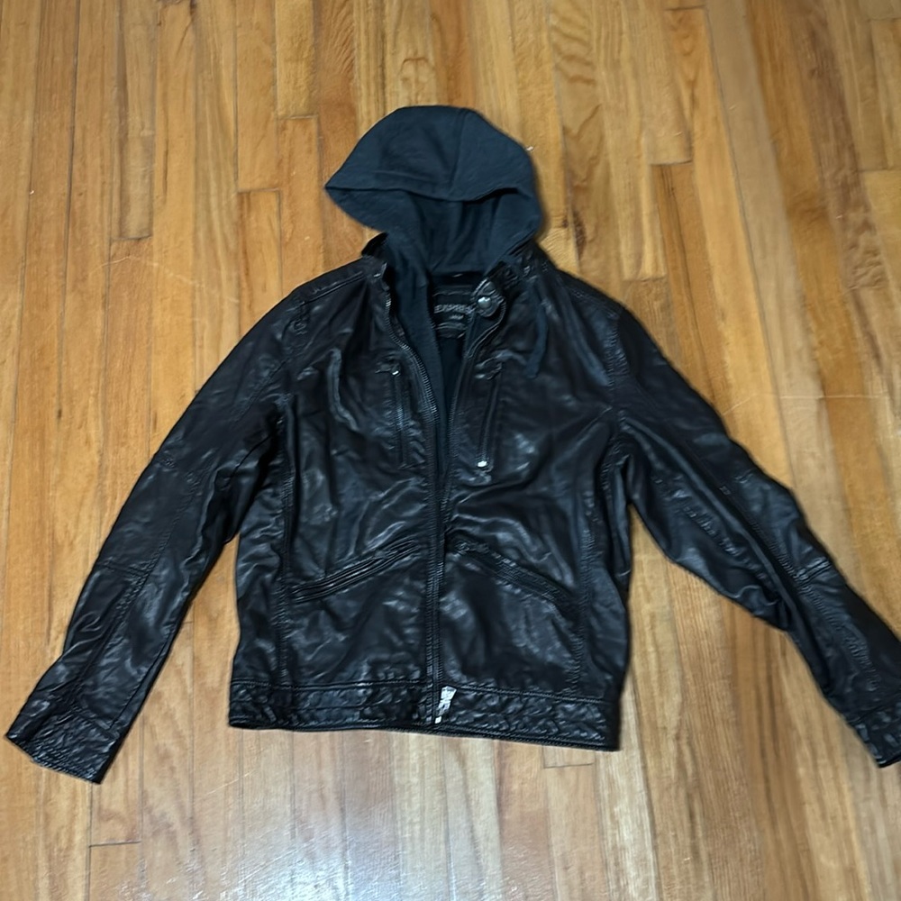 Express Woman’s Black Faux leather jacket & zippered hoodie. 4 zippered pockets